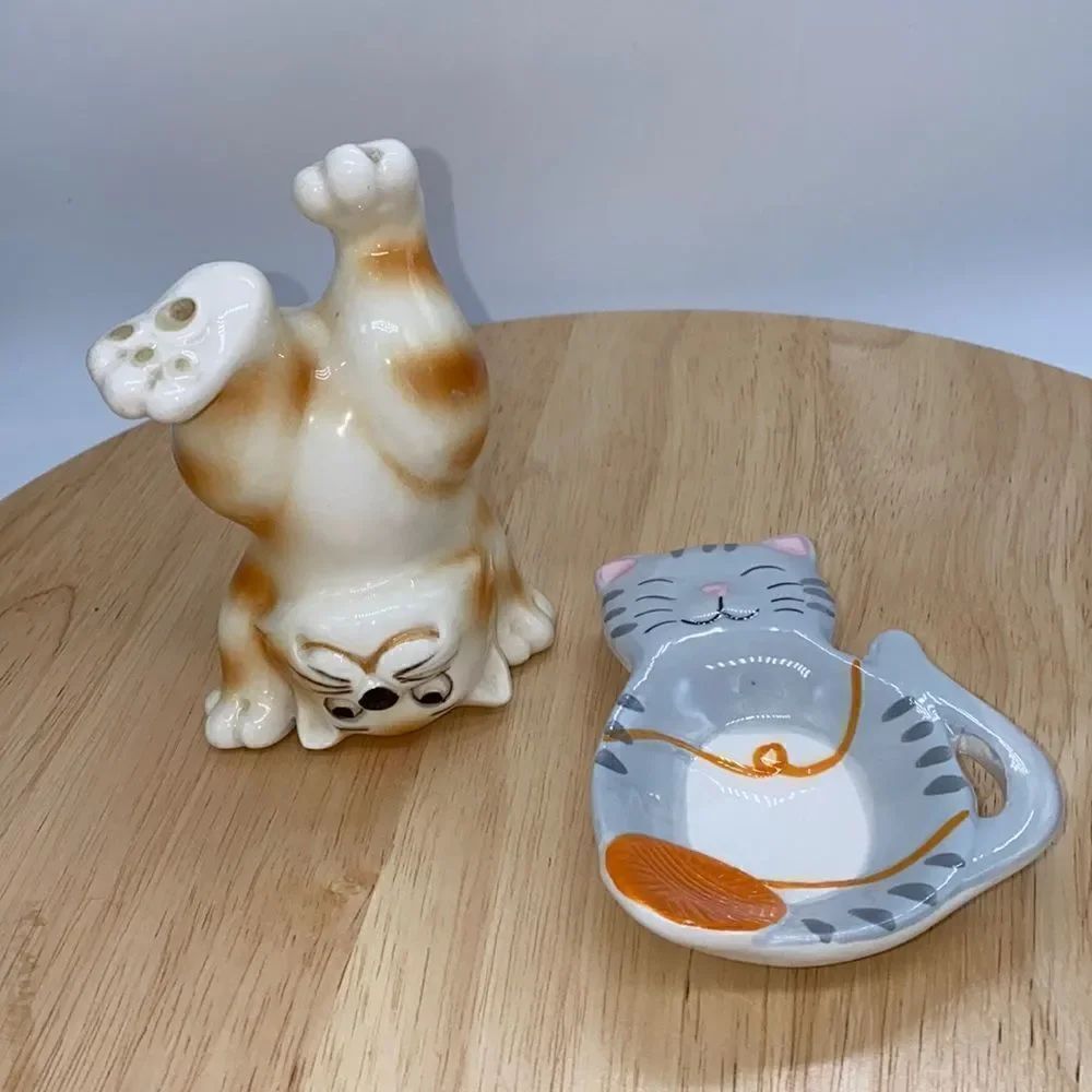 Lot of 2 Whimsical Ceramic Kitties 1 Tumbling Figurine and 1 Trinket Dish